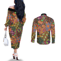 Traditional Ethnic African Vintage Motifs Couples Matching Off The Shoulder Long Sleeve Dress and Long Sleeve Button Shirt