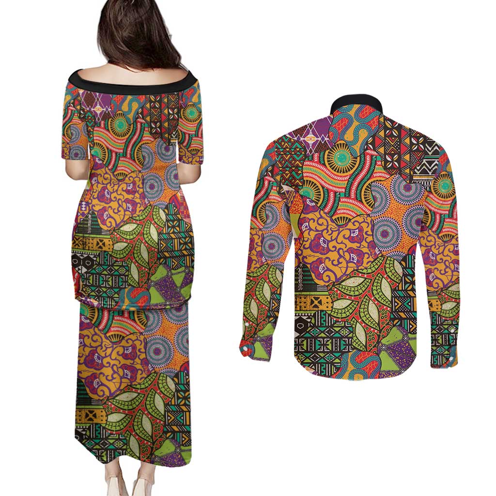 Traditional Ethnic African Vintage Motifs Couples Matching Puletasi and Long Sleeve Button Shirt LT9 - Wonder Print Shop