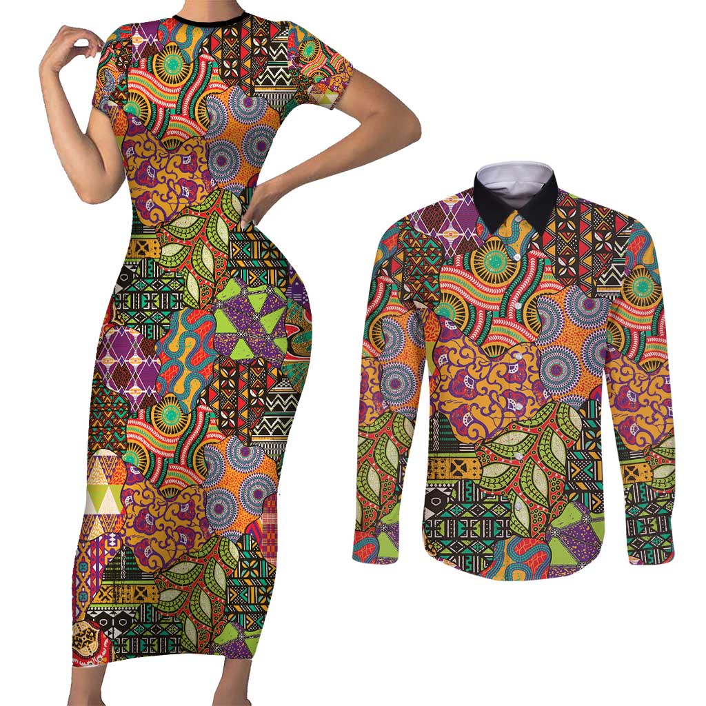 Traditional Ethnic African Vintage Motifs Couples Matching Short Sleeve Bodycon Dress and Long Sleeve Button Shirt LT9 - Wonder Print Shop