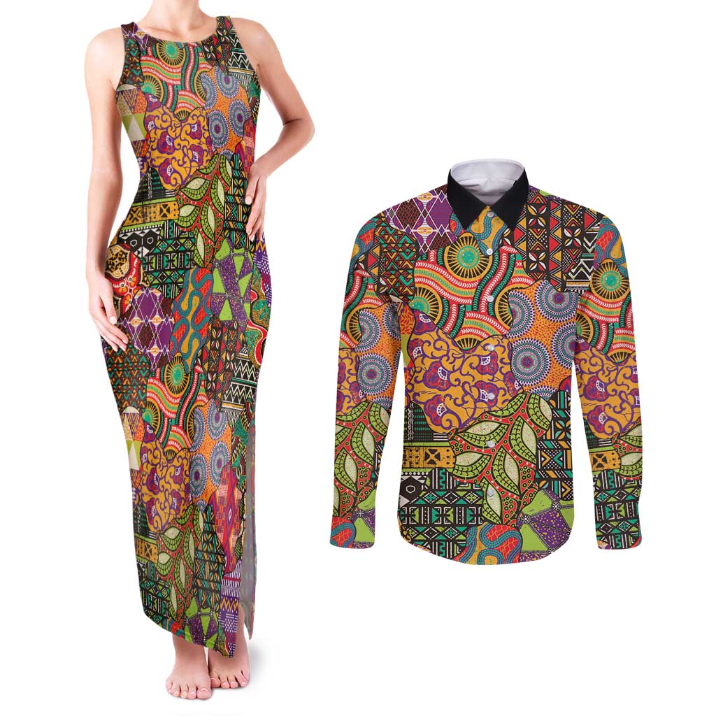 Traditional Ethnic African Vintage Motifs Couples Matching Tank Maxi Dress and Long Sleeve Button Shirt LT9 - Wonder Print Shop