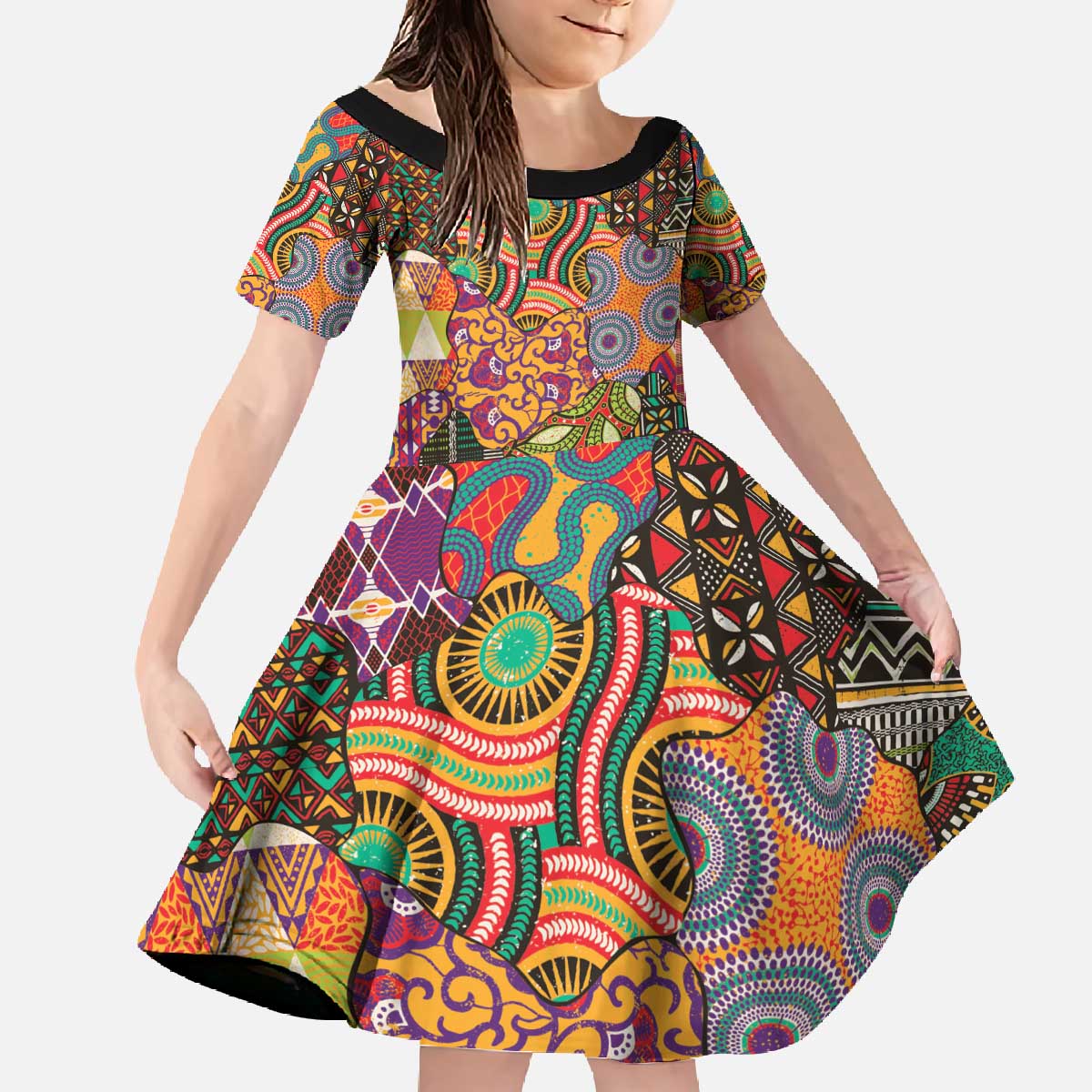Traditional Ethnic African Vintage Motifs Family Matching Off The Shoulder Long Sleeve Dress and Hawaiian Shirt - Wonder Print Shop