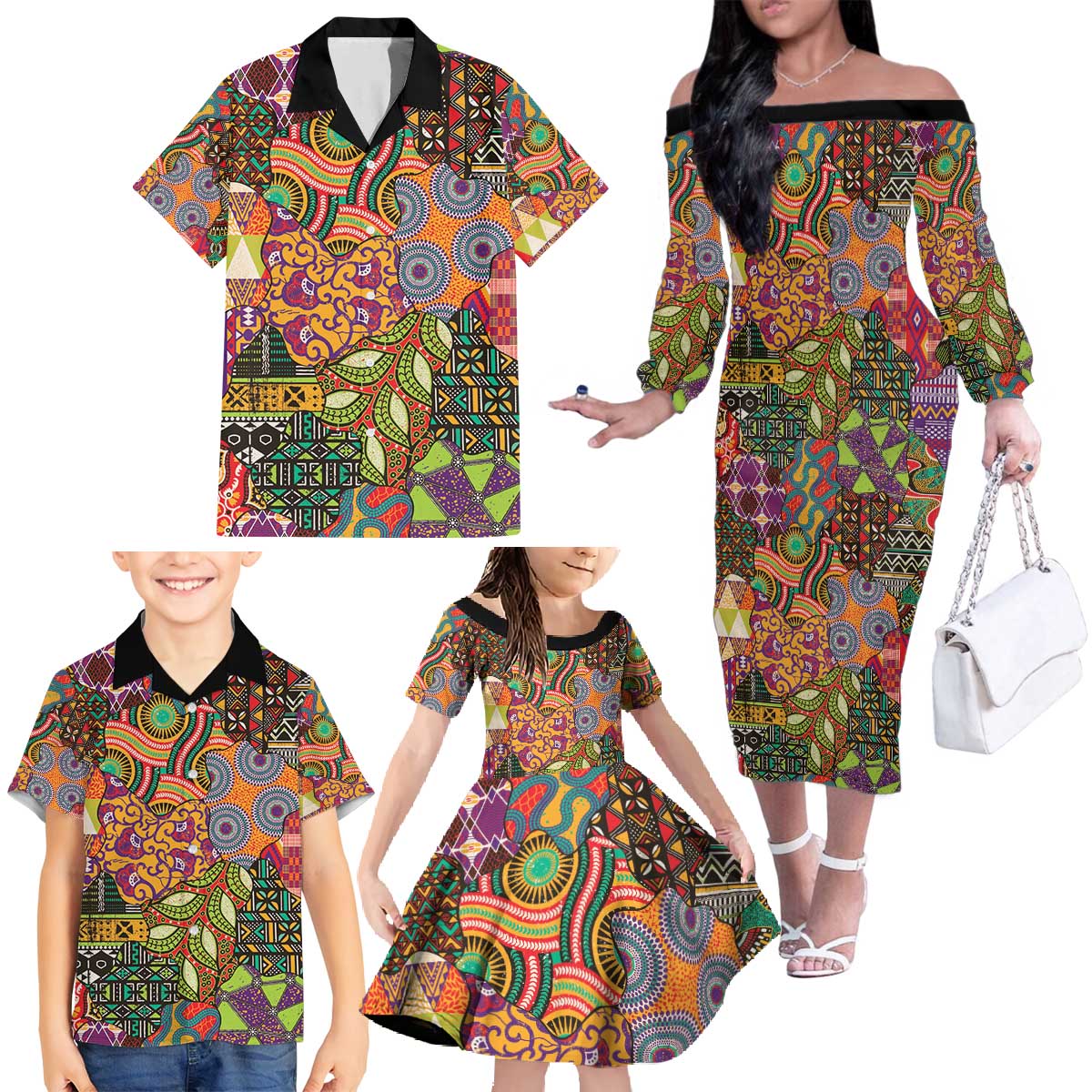 Traditional Ethnic African Vintage Motifs Family Matching Off The Shoulder Long Sleeve Dress and Hawaiian Shirt - Wonder Print Shop