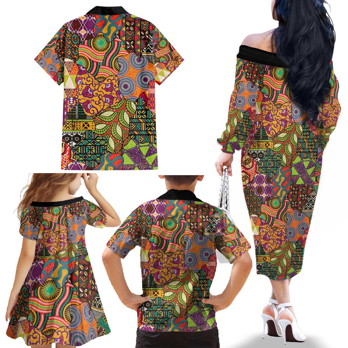 Traditional Ethnic African Vintage Motifs Family Matching Off The Shoulder Long Sleeve Dress and Hawaiian Shirt - Wonder Print Shop