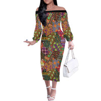 Traditional Ethnic African Vintage Motifs Family Matching Off The Shoulder Long Sleeve Dress and Hawaiian Shirt - Wonder Print Shop
