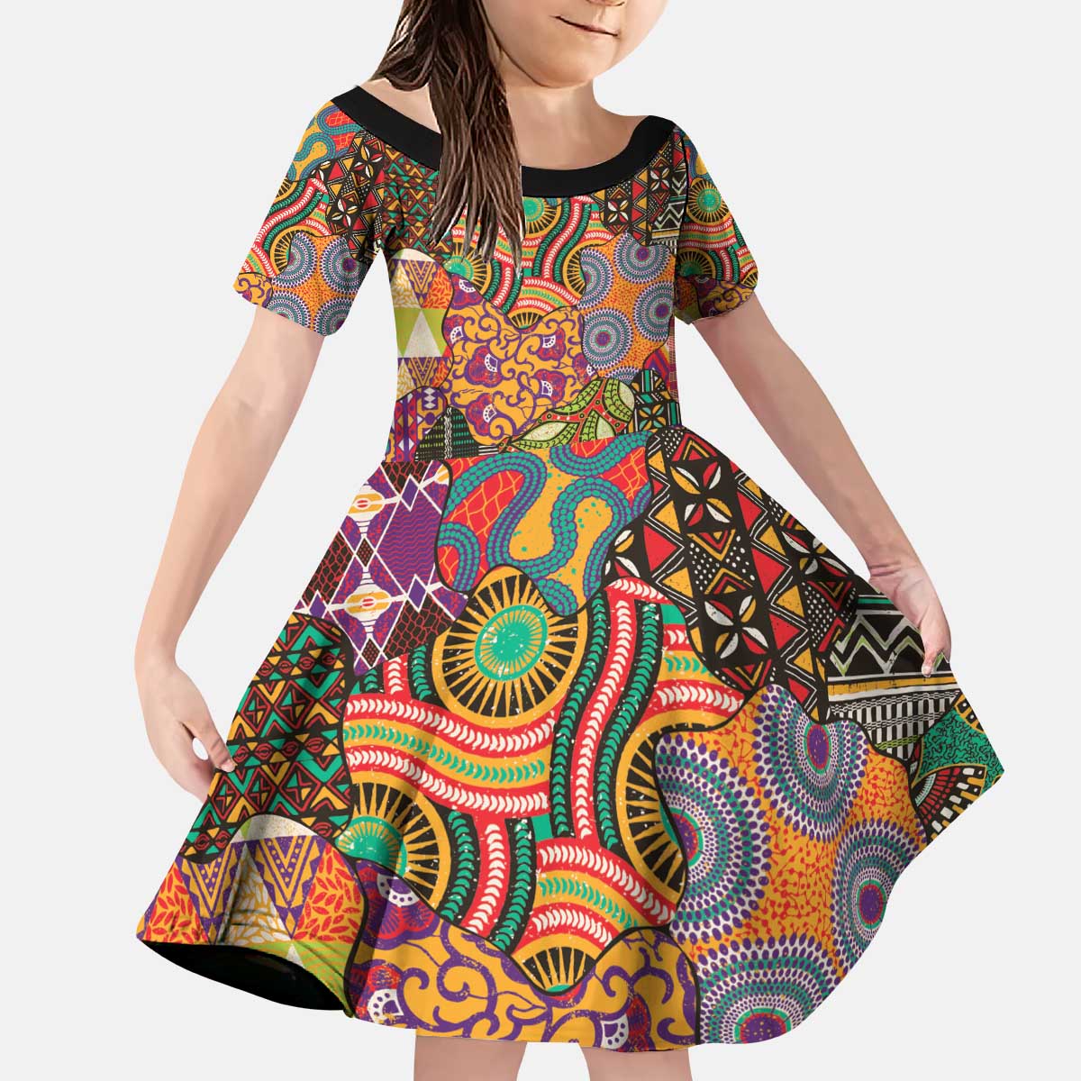 Traditional Ethnic African Vintage Motifs Kid Short Sleeve Dress - Wonder Print Shop