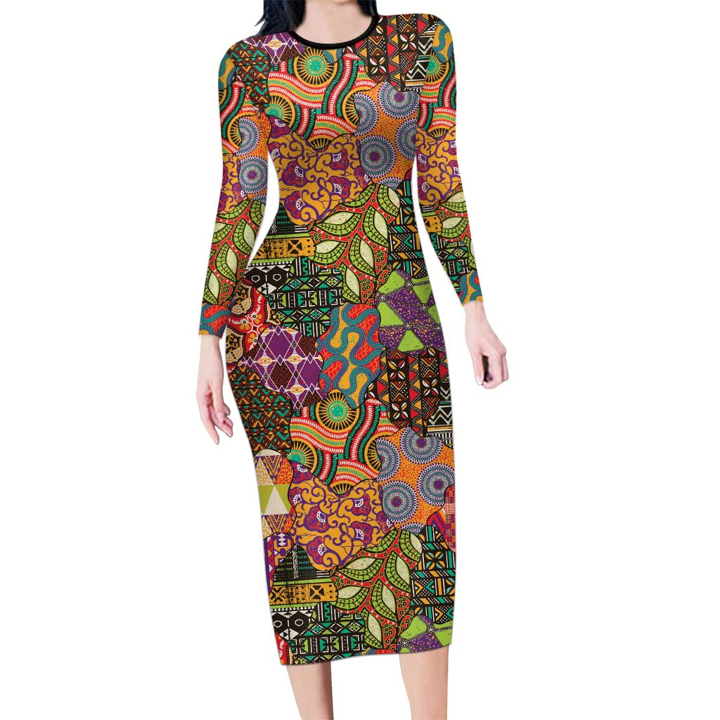 Traditional Ethnic African Vintage Motifs Long Sleeve Bodycon Dress - Wonder Print Shop