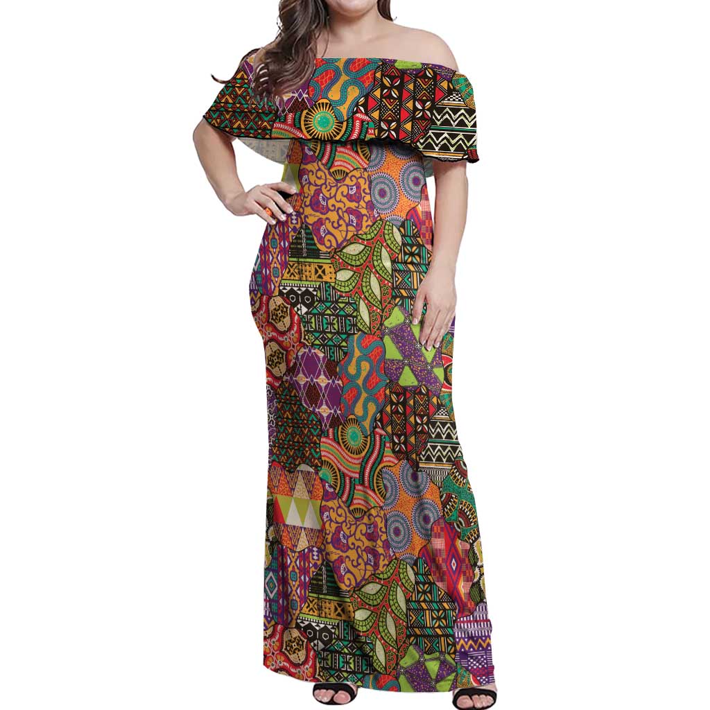 Traditional Ethnic African Vintage Motifs Off Shoulder Maxi Dress - Wonder Print Shop