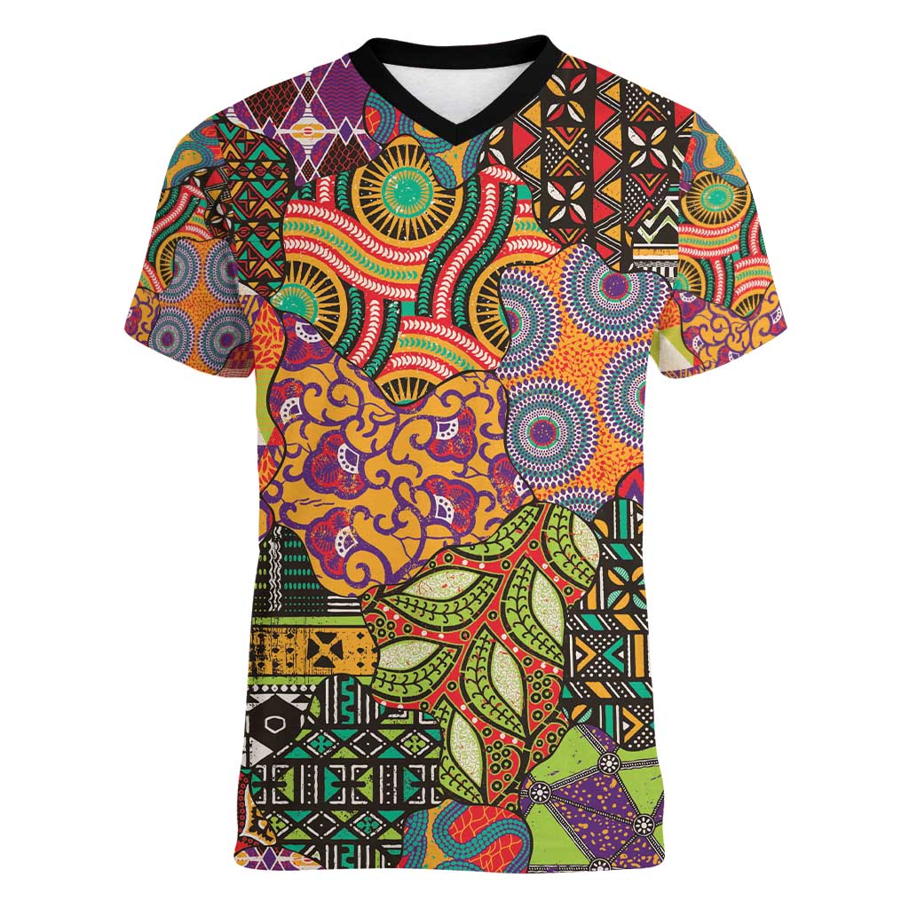 Traditional Ethnic African Vintage Motifs Women V-Neck T-Shirt - Wonder Print Shop