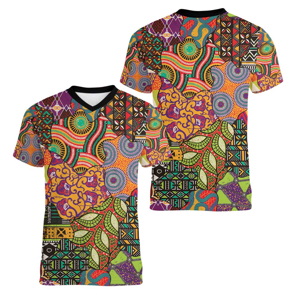 Traditional Ethnic African Vintage Motifs Women V-Neck T-Shirt - Wonder Print Shop
