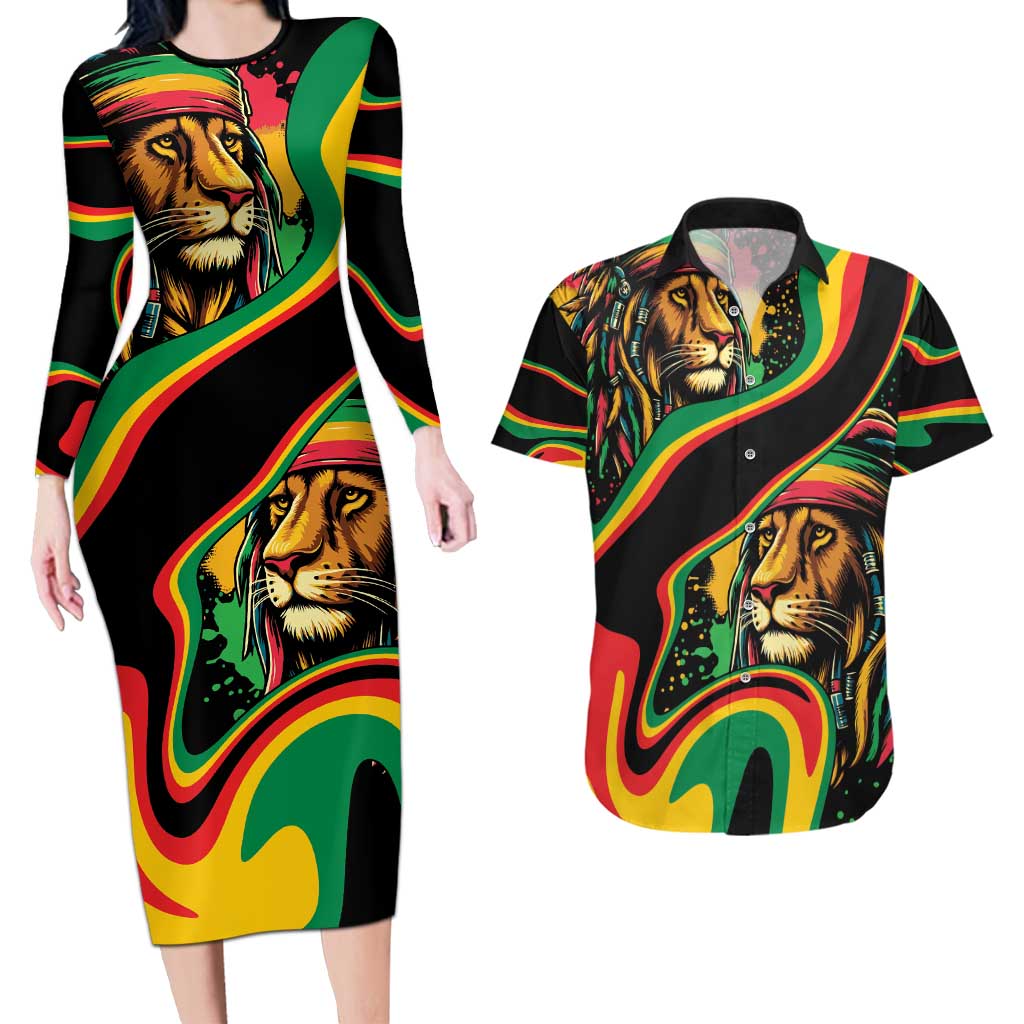 Rastafarian Lion Proud of Jamaica Couples Matching Long Sleeve Bodycon Dress and Hawaiian Shirt Reggae My Soul LT9 - Wonder Print Shop