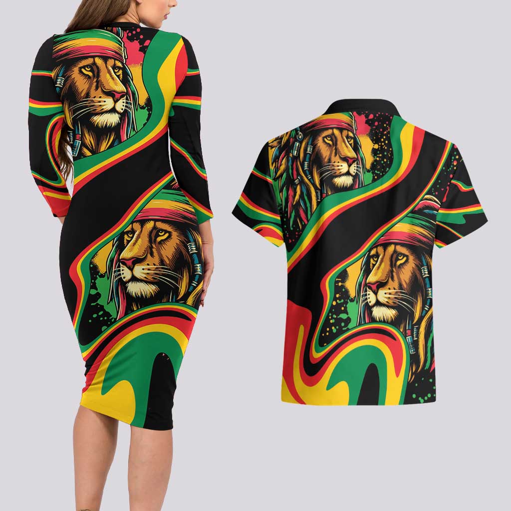 Rastafarian Lion Proud of Jamaica Couples Matching Long Sleeve Bodycon Dress and Hawaiian Shirt Reggae My Soul LT9 - Wonder Print Shop