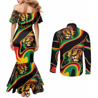 Rastafarian Lion Proud of Jamaica Couples Matching Mermaid Dress and Long Sleeve Button Shirt Reggae My Soul