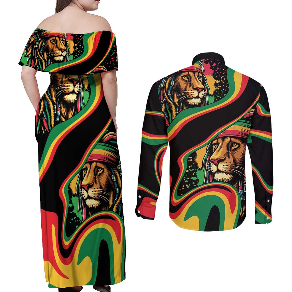 Rastafarian Lion Proud of Jamaica Couples Matching Off Shoulder Maxi Dress and Long Sleeve Button Shirt Reggae My Soul LT9 - Wonder Print Shop