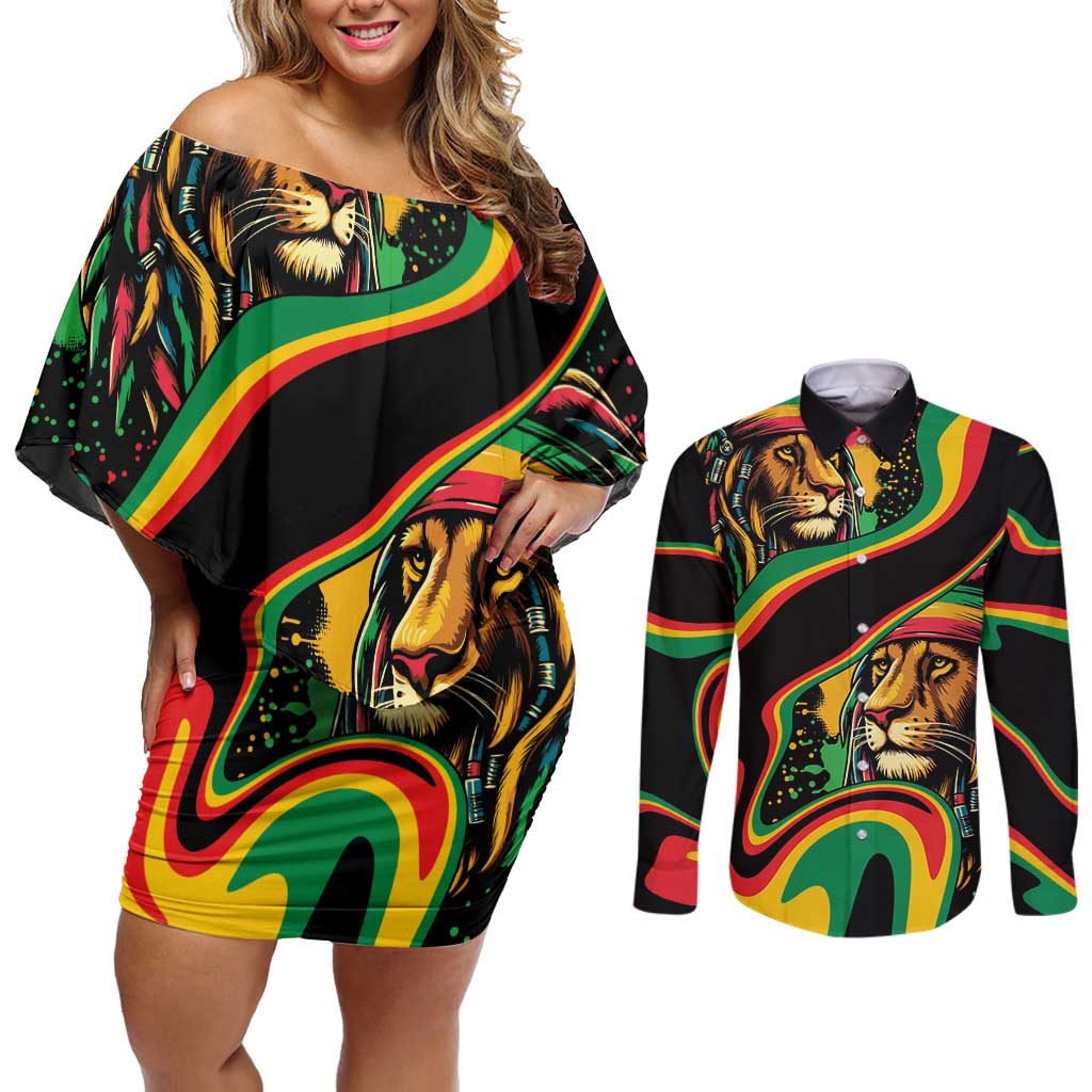 Rastafarian Lion Proud of Jamaica Couples Matching Off Shoulder Short Dress and Long Sleeve Button Shirt Reggae My Soul LT9 - Wonder Print Shop