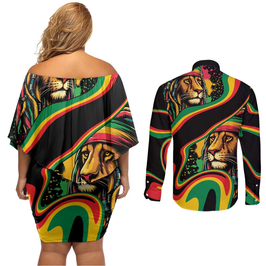 Rastafarian Lion Proud of Jamaica Couples Matching Off Shoulder Short Dress and Long Sleeve Button Shirt Reggae My Soul LT9 - Wonder Print Shop