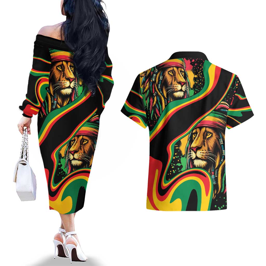Rastafarian Lion Proud of Jamaica Couples Matching Off The Shoulder Long Sleeve Dress and Hawaiian Shirt Reggae My Soul LT9 - Wonder Print Shop