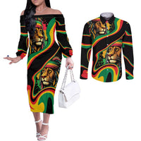 Rastafarian Lion Proud of Jamaica Couples Matching Off The Shoulder Long Sleeve Dress and Long Sleeve Button Shirt Reggae My Soul
