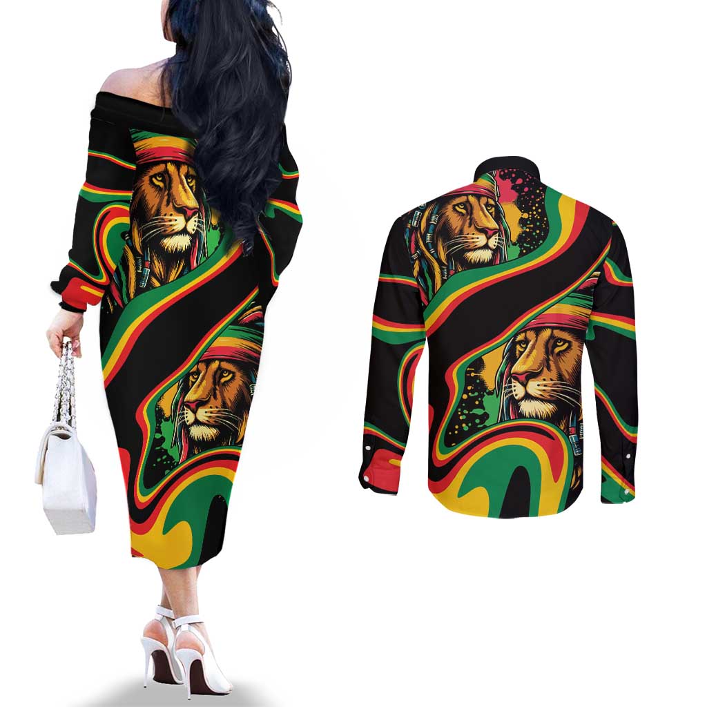 Rastafarian Lion Proud of Jamaica Couples Matching Off The Shoulder Long Sleeve Dress and Long Sleeve Button Shirt Reggae My Soul
