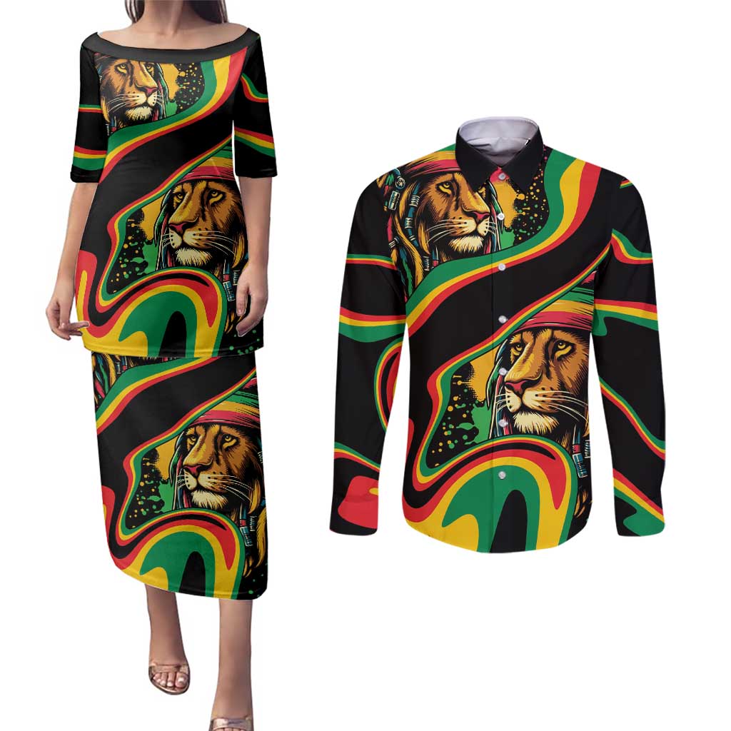 Rastafarian Lion Proud of Jamaica Couples Matching Puletasi and Long Sleeve Button Shirt Reggae My Soul LT9 - Wonder Print Shop