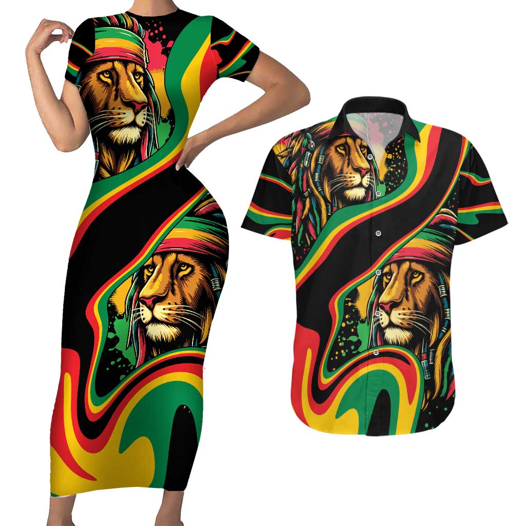 Rastafarian Lion Proud of Jamaica Couples Matching Short Sleeve Bodycon Dress and Hawaiian Shirt Reggae My Soul LT9 - Wonder Print Shop