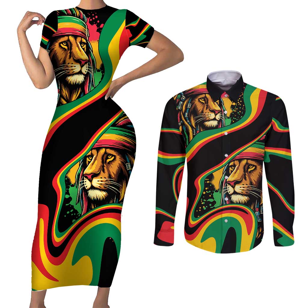 Rastafarian Lion Proud of Jamaica Couples Matching Short Sleeve Bodycon Dress and Long Sleeve Button Shirt Reggae My Soul LT9 - Wonder Print Shop