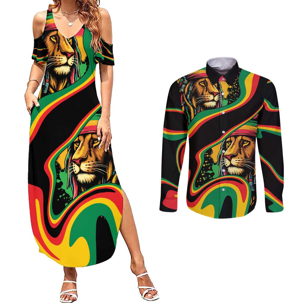 Rastafarian Lion Proud of Jamaica Couples Matching Summer Maxi Dress and Long Sleeve Button Shirt Reggae My Soul LT9 - Wonder Print Shop