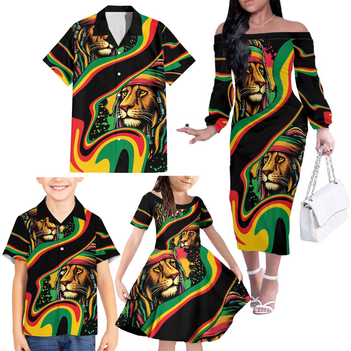 Rastafarian Lion Proud of Jamaica Family Matching Off The Shoulder Long Sleeve Dress and Hawaiian Shirt Reggae My Soul - Wonder Print Shop
