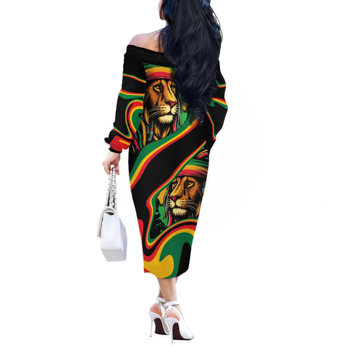 Rastafarian Lion Proud of Jamaica Off The Shoulder Long Sleeve Dress Reggae My Soul - Wonder Print Shop