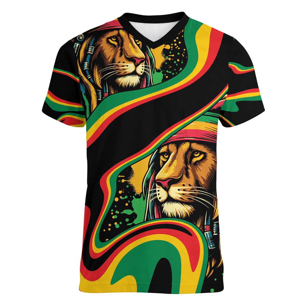 Rastafarian Lion Proud of Jamaica Women V-Neck T-Shirt Reggae My Soul - Wonder Print Shop