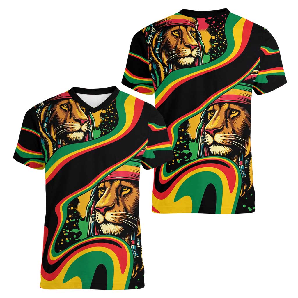 Rastafarian Lion Proud of Jamaica Women V-Neck T-Shirt Reggae My Soul - Wonder Print Shop