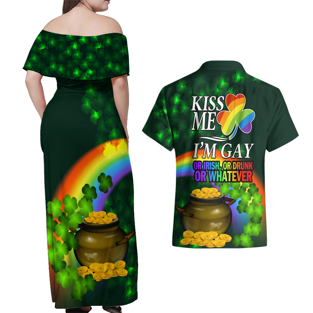 Kiss Me I'm Gay St Patricks Day Couples Matching Off Shoulder Maxi Dress and Hawaiian Shirt LT9 - Wonder Print Shop
