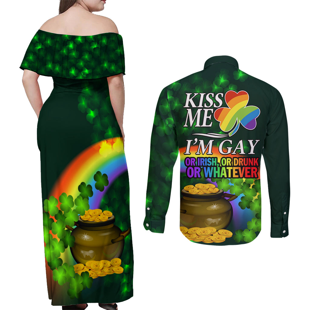 Kiss Me I'm Gay St Patricks Day Couples Matching Off Shoulder Maxi Dress and Long Sleeve Button Shirt LT9 - Wonder Print Shop
