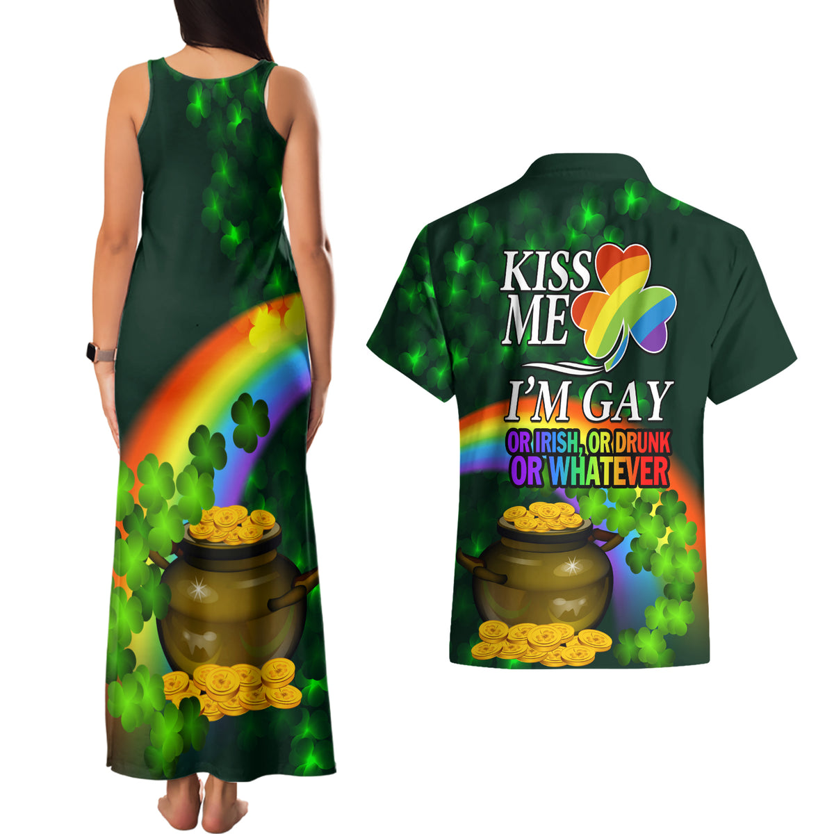 Kiss Me I'm Gay St Patricks Day Couples Matching Tank Maxi Dress and Hawaiian Shirt LT9 - Wonder Print Shop