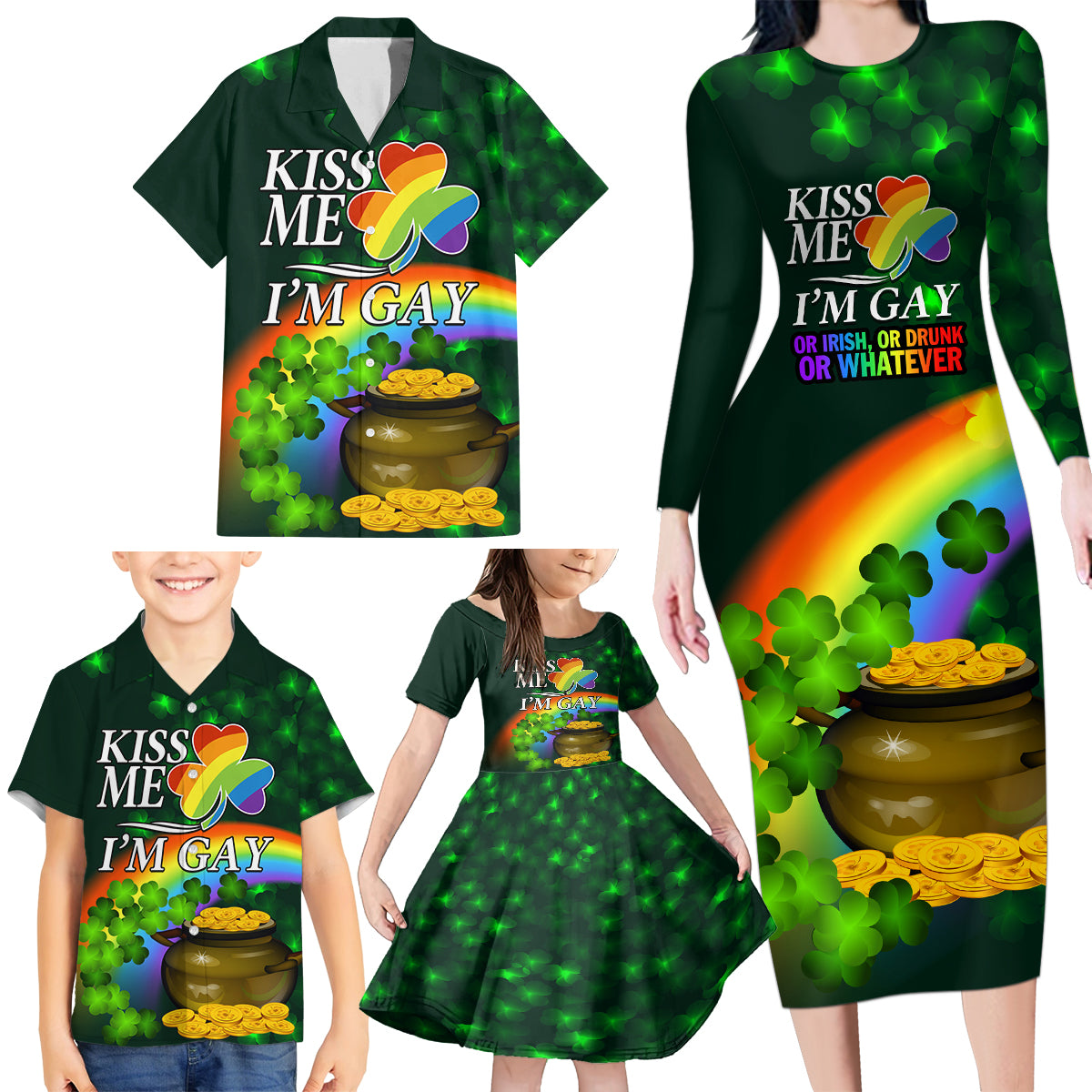 Kiss Me I'm Gay St Patricks Day Family Matching Long Sleeve Bodycon Dress and Hawaiian Shirt LT9 - Wonder Print Shop