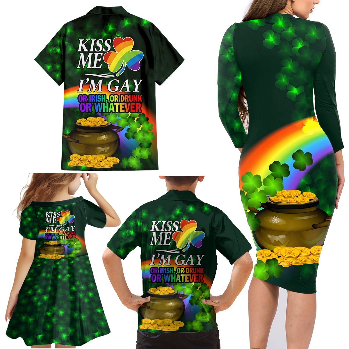 Kiss Me I'm Gay St Patricks Day Family Matching Long Sleeve Bodycon Dress and Hawaiian Shirt LT9 - Wonder Print Shop