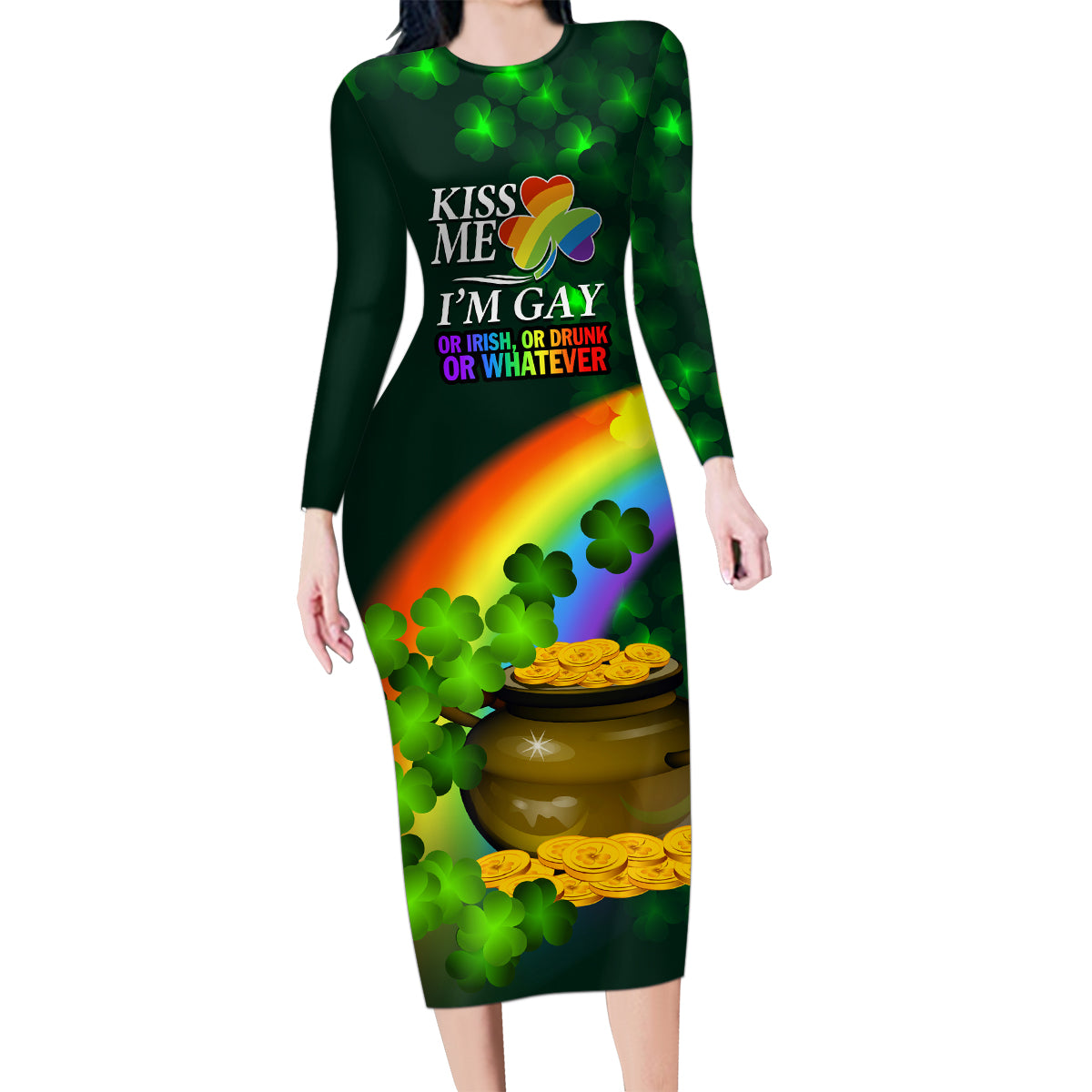 Kiss Me I'm Gay St Patricks Day Family Matching Long Sleeve Bodycon Dress and Hawaiian Shirt LT9 - Wonder Print Shop