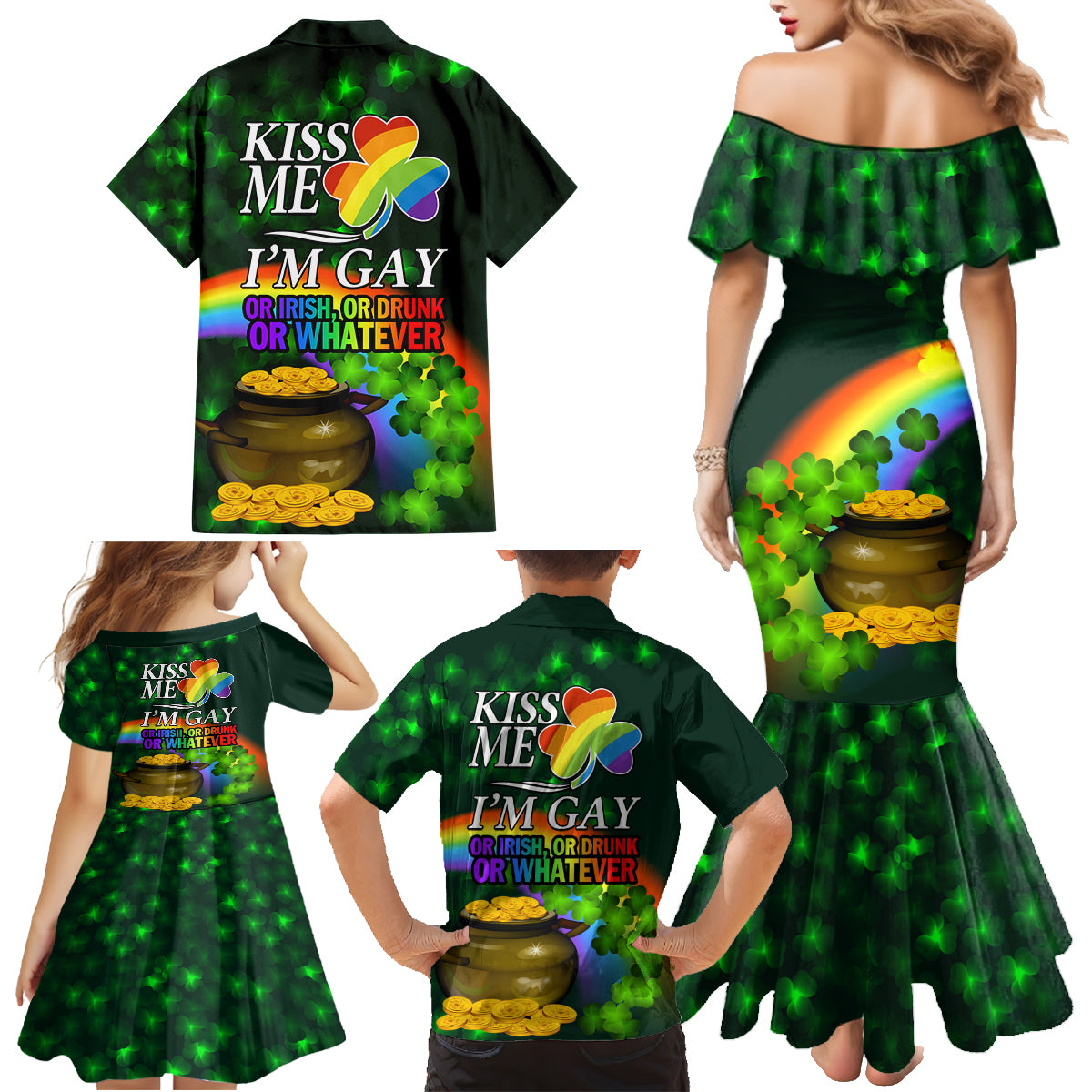 Kiss Me I'm Gay St Patricks Day Family Matching Mermaid Dress and Hawaiian Shirt LT9 - Wonder Print Shop