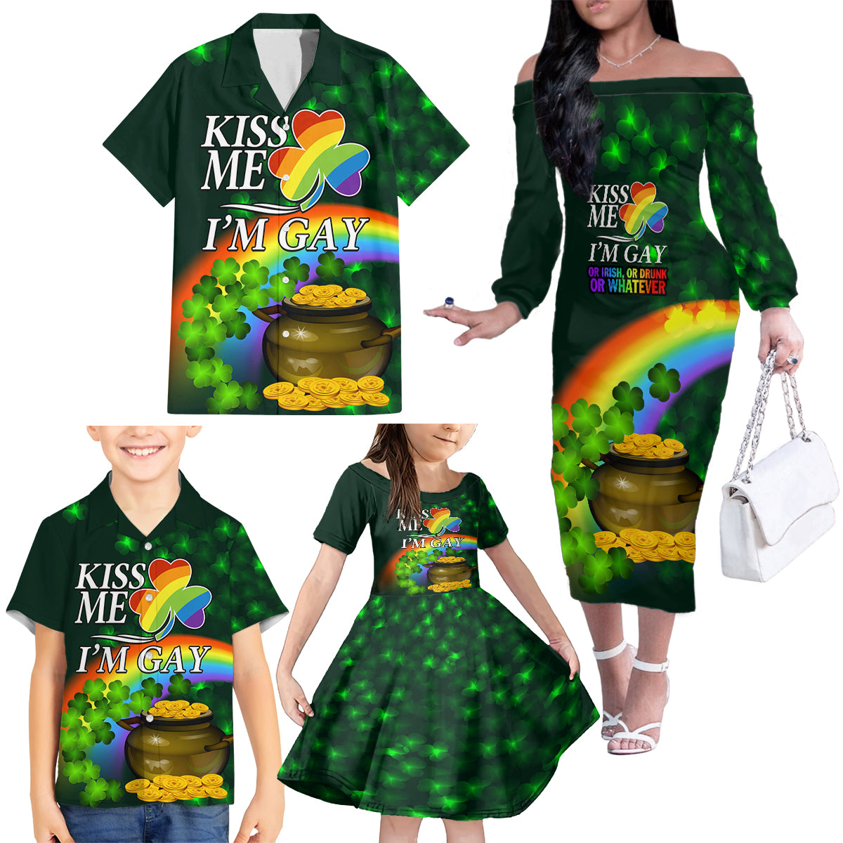 Kiss Me I'm Gay St Patricks Day Family Matching Off Shoulder Long Sleeve Dress and Hawaiian Shirt - Wonder Print Shop