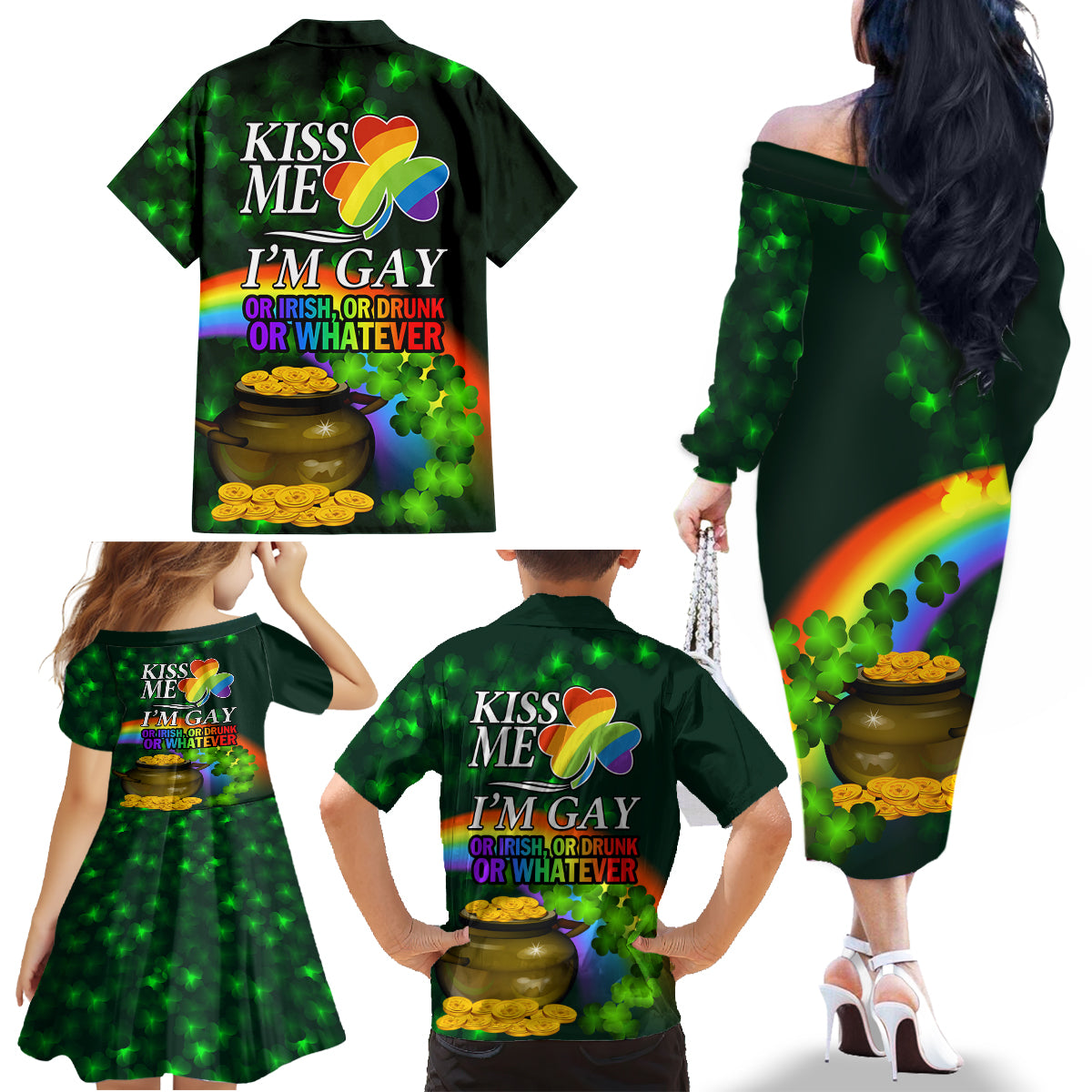 Kiss Me I'm Gay St Patricks Day Family Matching Off Shoulder Long Sleeve Dress and Hawaiian Shirt - Wonder Print Shop