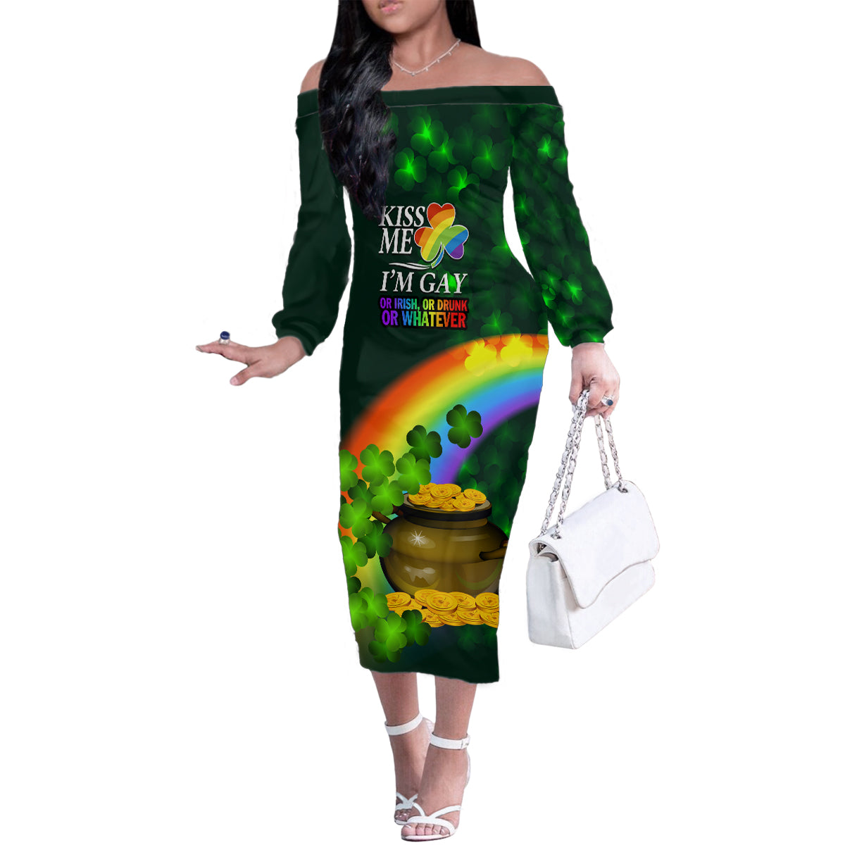 Kiss Me I'm Gay St Patricks Day Family Matching Off Shoulder Long Sleeve Dress and Hawaiian Shirt - Wonder Print Shop