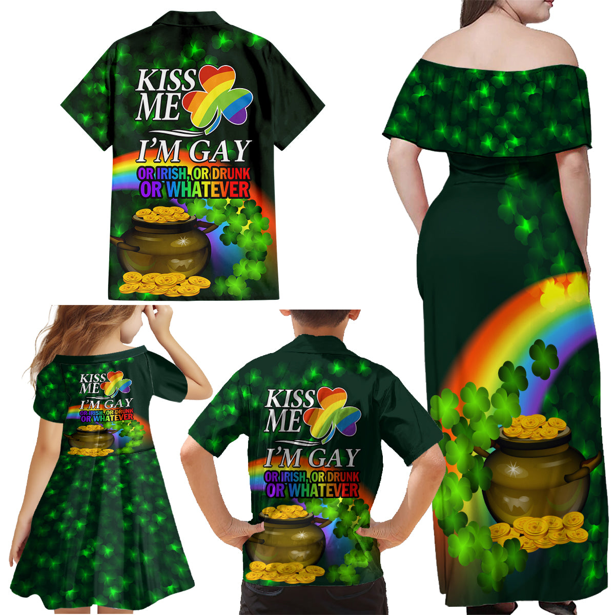 Kiss Me I'm Gay St Patricks Day Family Matching Off Shoulder Maxi Dress and Hawaiian Shirt LT9 - Wonder Print Shop