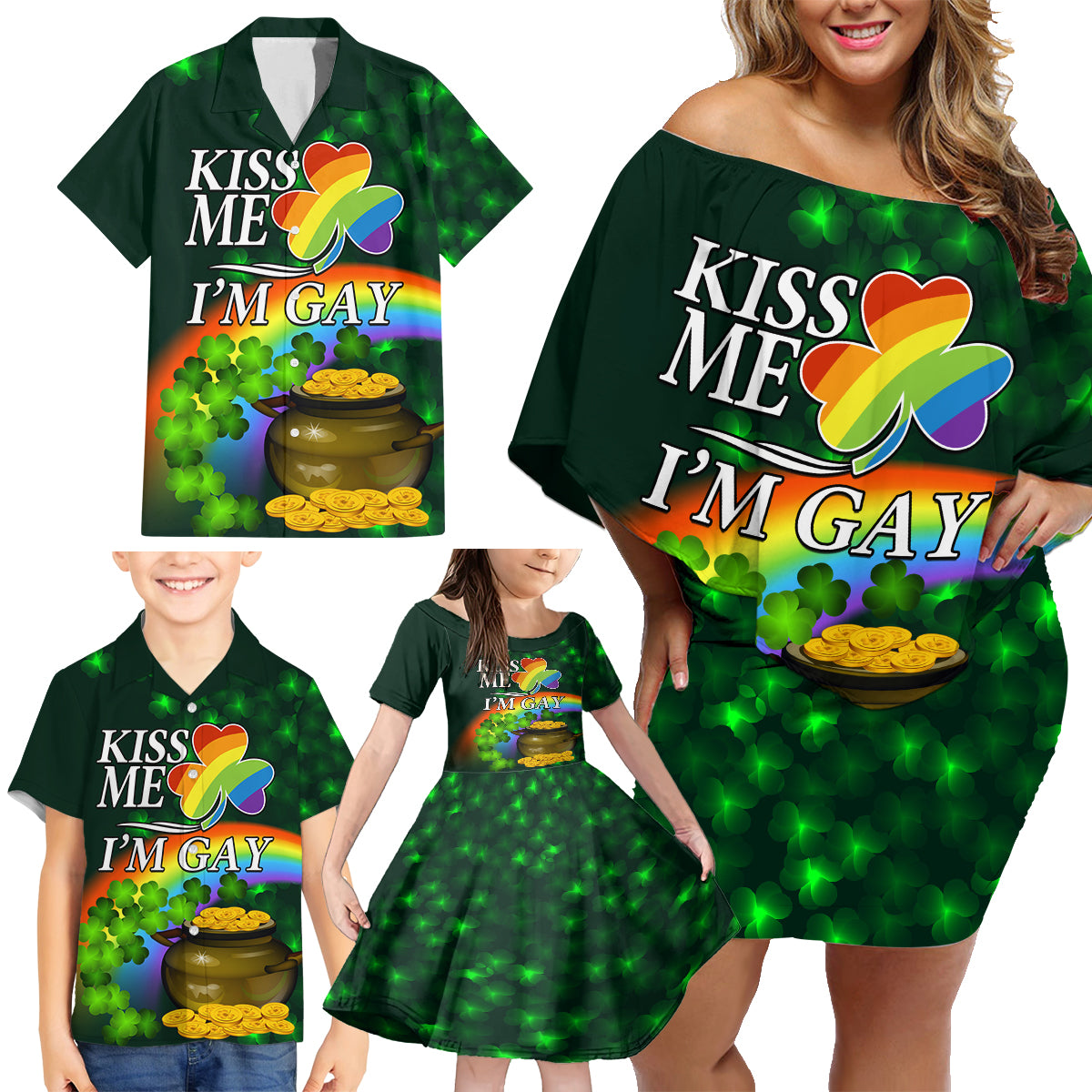 Kiss Me I'm Gay St Patricks Day Family Matching Off Shoulder Short Dress and Hawaiian Shirt LT9 - Wonder Print Shop