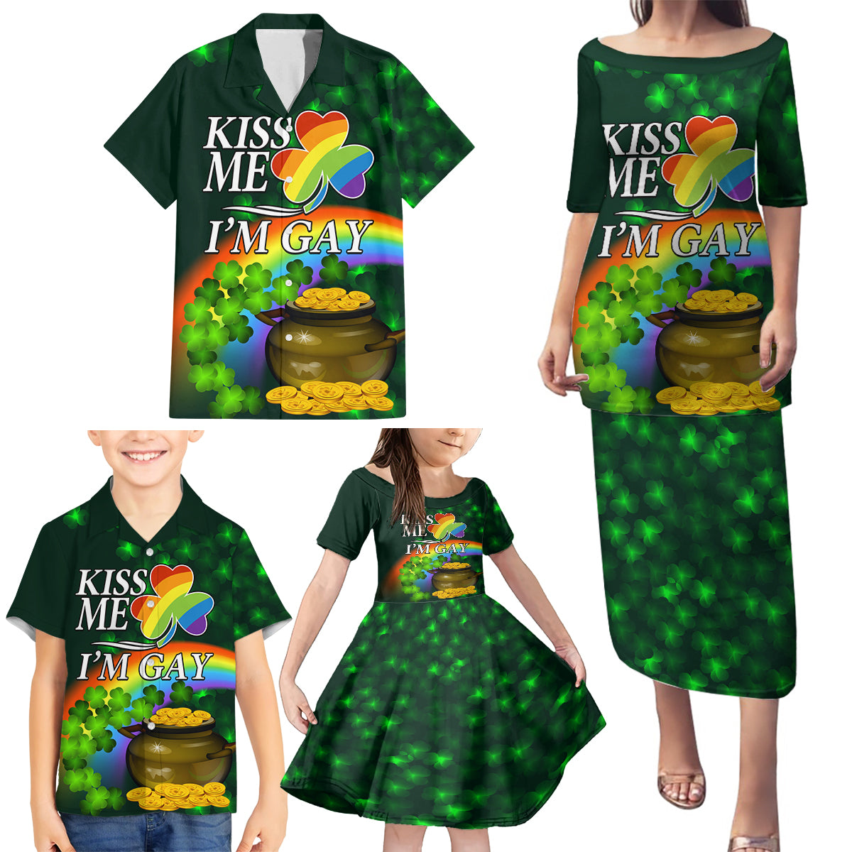 Kiss Me I'm Gay St Patricks Day Family Matching Puletasi and Hawaiian Shirt - Wonder Print Shop