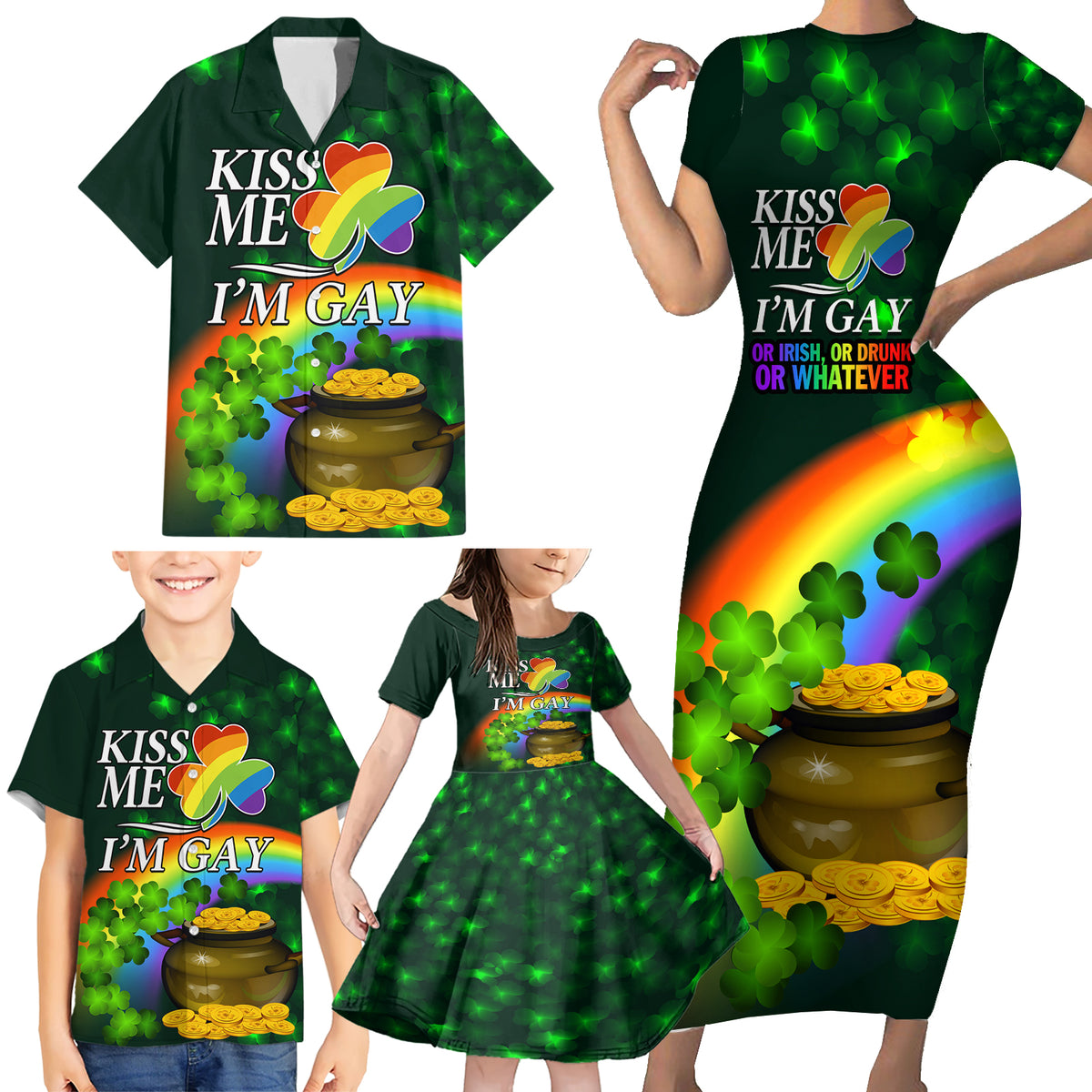 Kiss Me I'm Gay St Patricks Day Family Matching Short Sleeve Bodycon Dress and Hawaiian Shirt - Wonder Print Shop