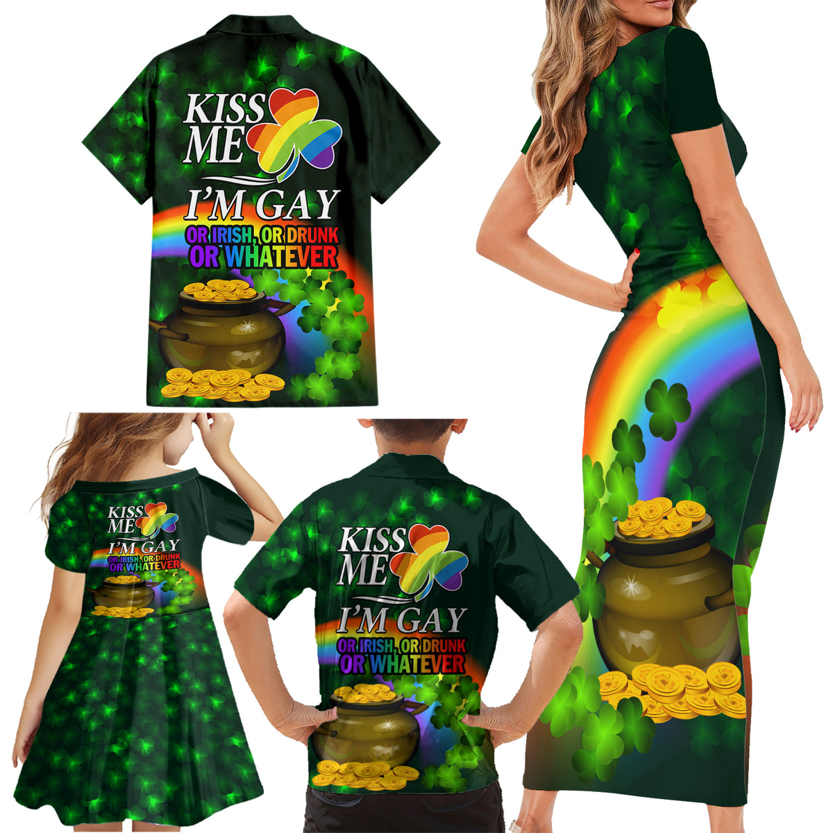 Kiss Me I'm Gay St Patricks Day Family Matching Short Sleeve Bodycon Dress and Hawaiian Shirt - Wonder Print Shop