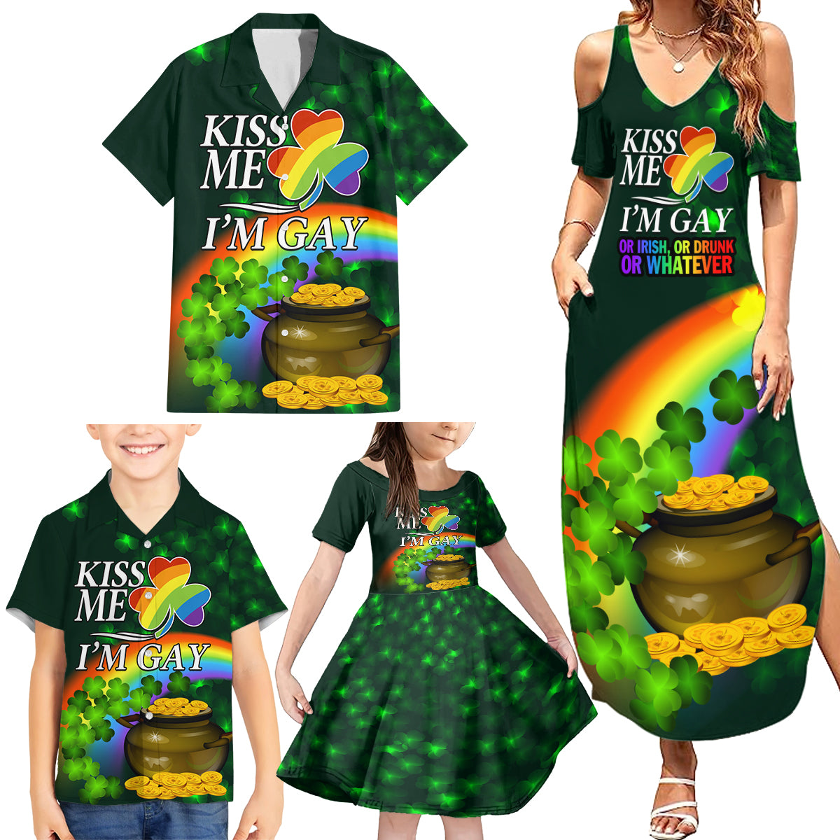 Kiss Me I'm Gay St Patricks Day Family Matching Summer Maxi Dress and Hawaiian Shirt - Wonder Print Shop
