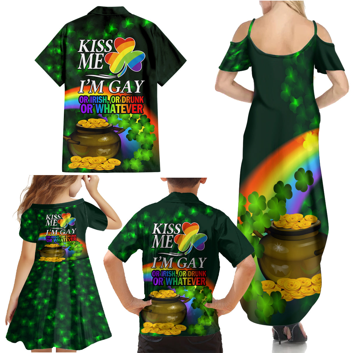 Kiss Me I'm Gay St Patricks Day Family Matching Summer Maxi Dress and Hawaiian Shirt - Wonder Print Shop