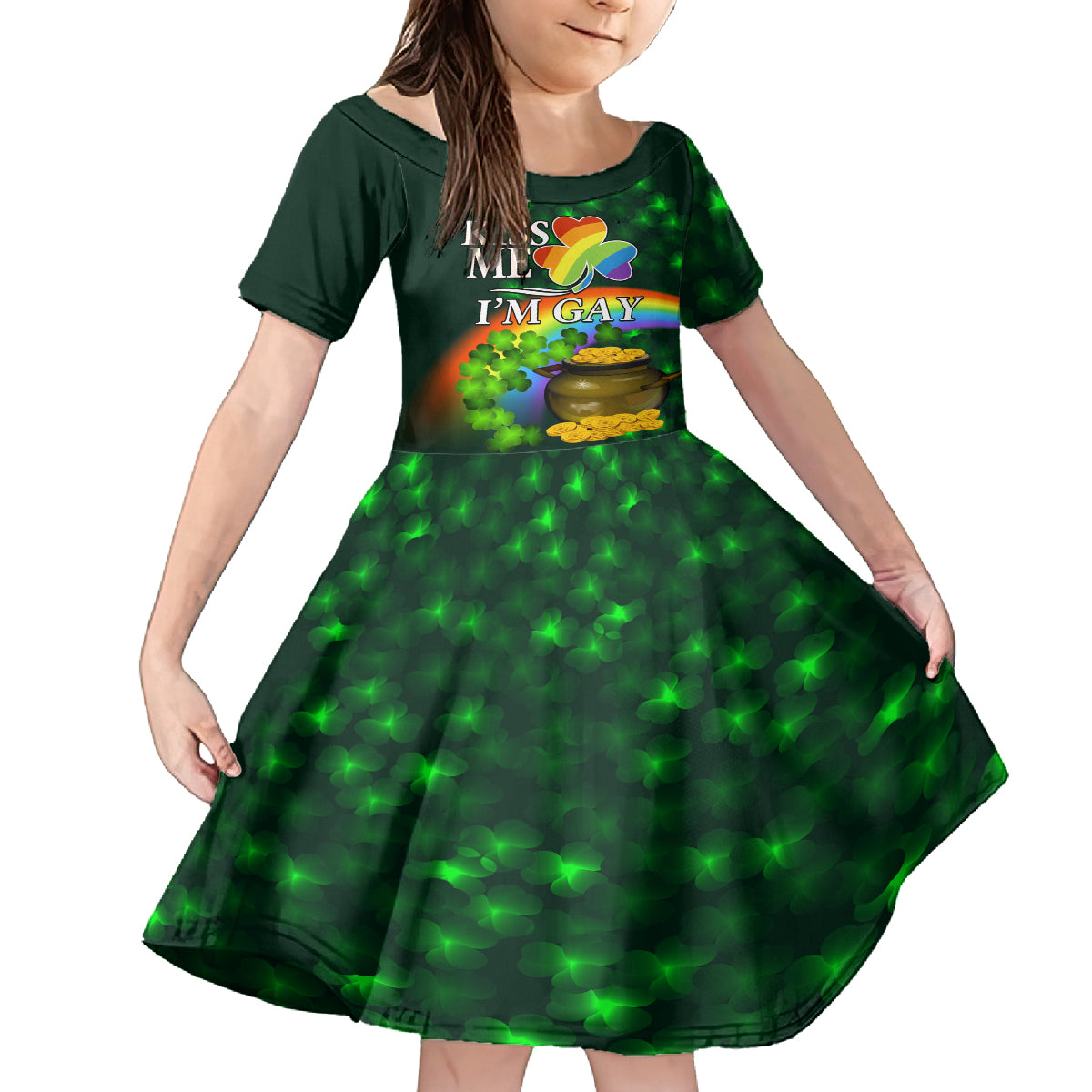 Kiss Me I'm Gay St Patricks Day Kid Short Sleeve Dress - Wonder Print Shop