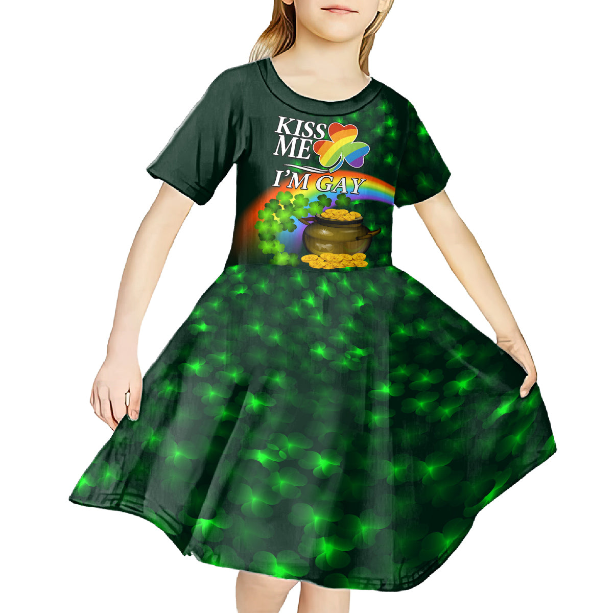 Kiss Me I'm Gay St Patricks Day Kid Short Sleeve Dress - Wonder Print Shop
