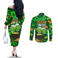 Be Irish St Patricks Day Couples Matching Off The Shoulder Long Sleeve Dress and Long Sleeve Button Shirt Drink Drank Drunk